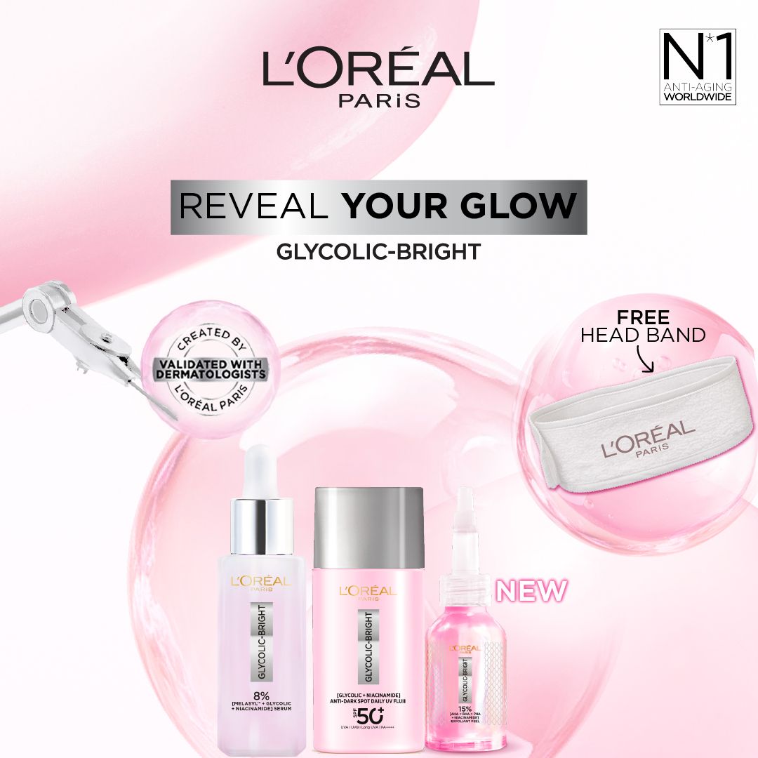 L'Oreal Paris Glycolic Bright Serum + Glycolic Bright Anti-Dark Spot UV Fluid SPF50+ + Glycolic Bright Exfoliant Peel 25ml Get Free Headband Set