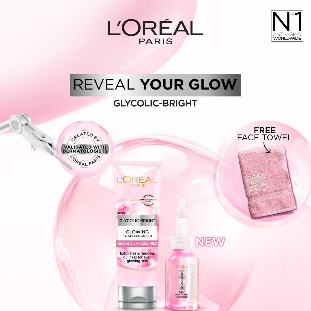 L'Oreal Paris Glycolic Bright Glowing Foam Cleanser + Glycolic Bright Anti-Dark Spot Exfoliant Peel Get Free Face Towel Set