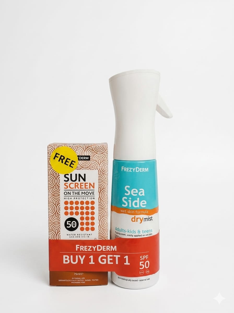 FrezyDerm Sea Side Dry Mist SPF50 200ml + Sunscreen On The Move SPF50 75ml Free – Summer Protection Set