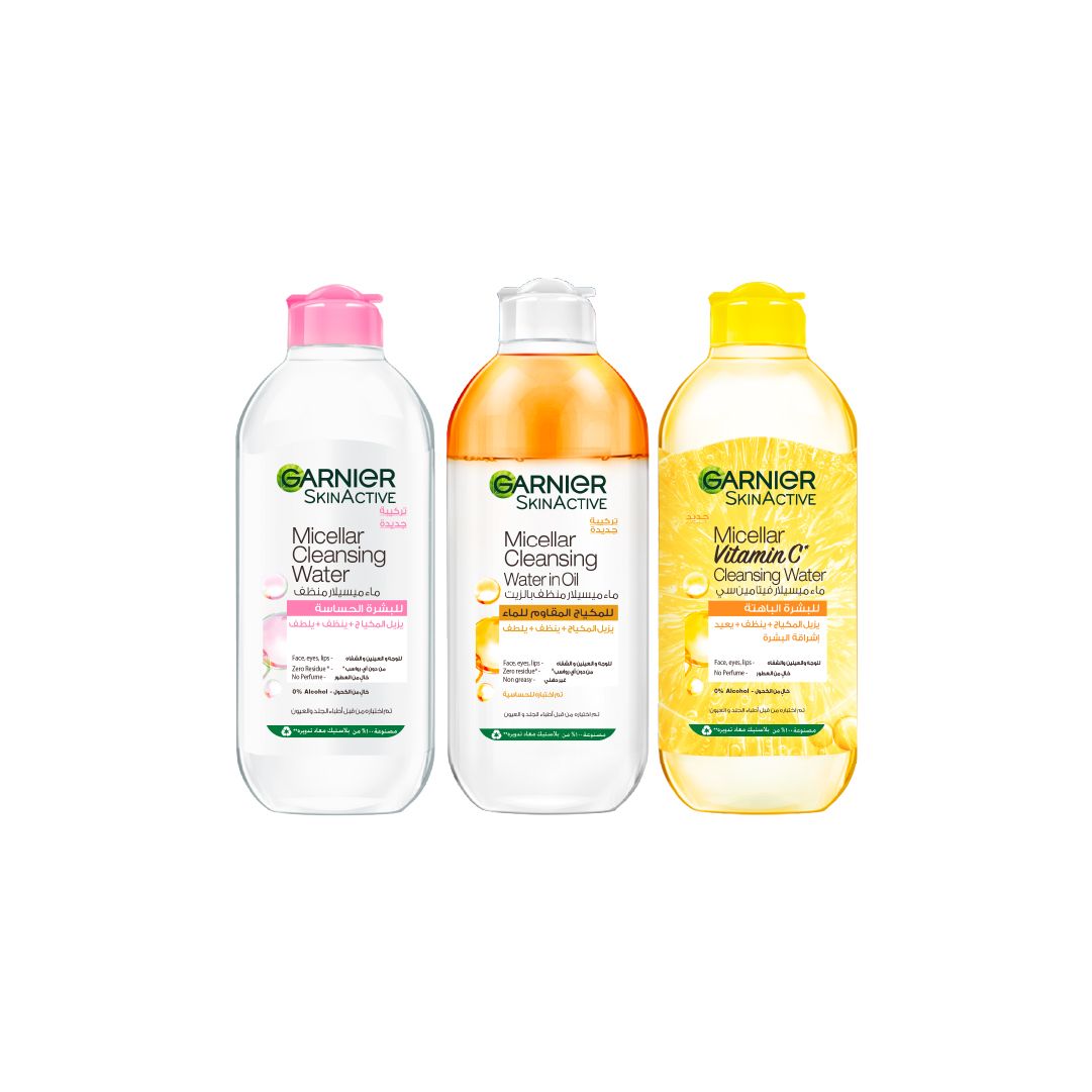 Garnier SkinActive Micellar Cleansing Water – Pink Cap 400ml + Micellar Cleansing Water in Oil – Orange Cap 400ml + Micellar Vitamin C Cleansing Water – Yellow Cap 400ml – 15% Off