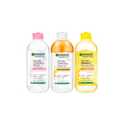 Garnier SkinActive Micellar Cleansing Water – Pink Cap 400ml + Micellar Cleansing Water in Oil – Orange Cap 400ml + Micellar Vitamin C Cleansing Water – Yellow Cap 400ml – 15% Off