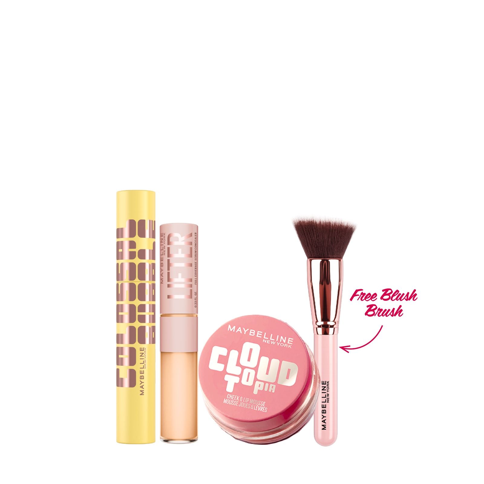 Maybelline New York Cloud To Go Cheek & Lip Mousse 3.6ml + Lifter Serum Concealer + Colossal Bubble Wash Nude Sleeved + Get Free Blush Brush