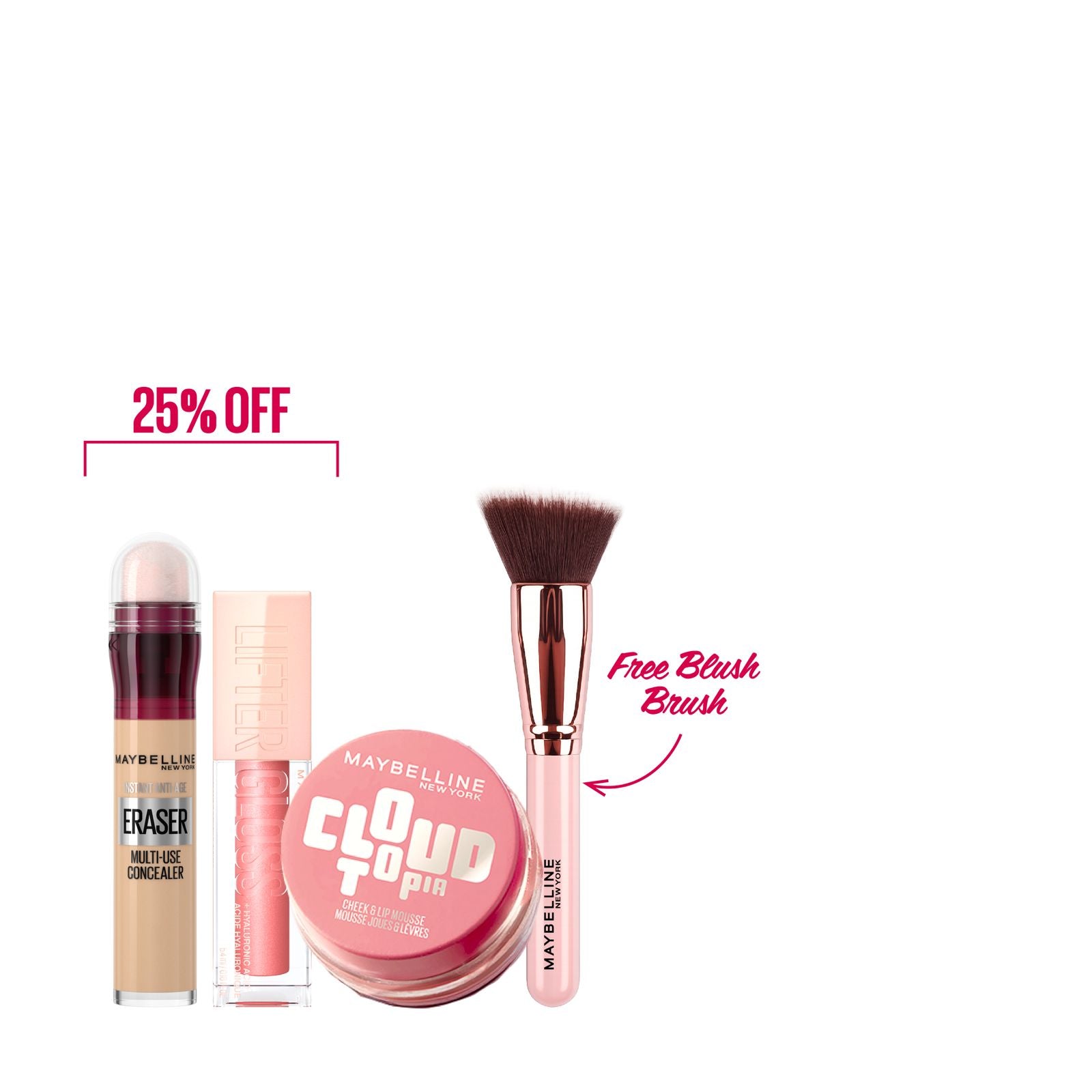 Maybelline New York Instant Anti-Age Eraser Multi-Use Concealer 6.8ml + Hyaluron Lip Plump + Cloud To Go Cheek & Lip Mousse 3.6ml – 25% Off + Free Blush Brush