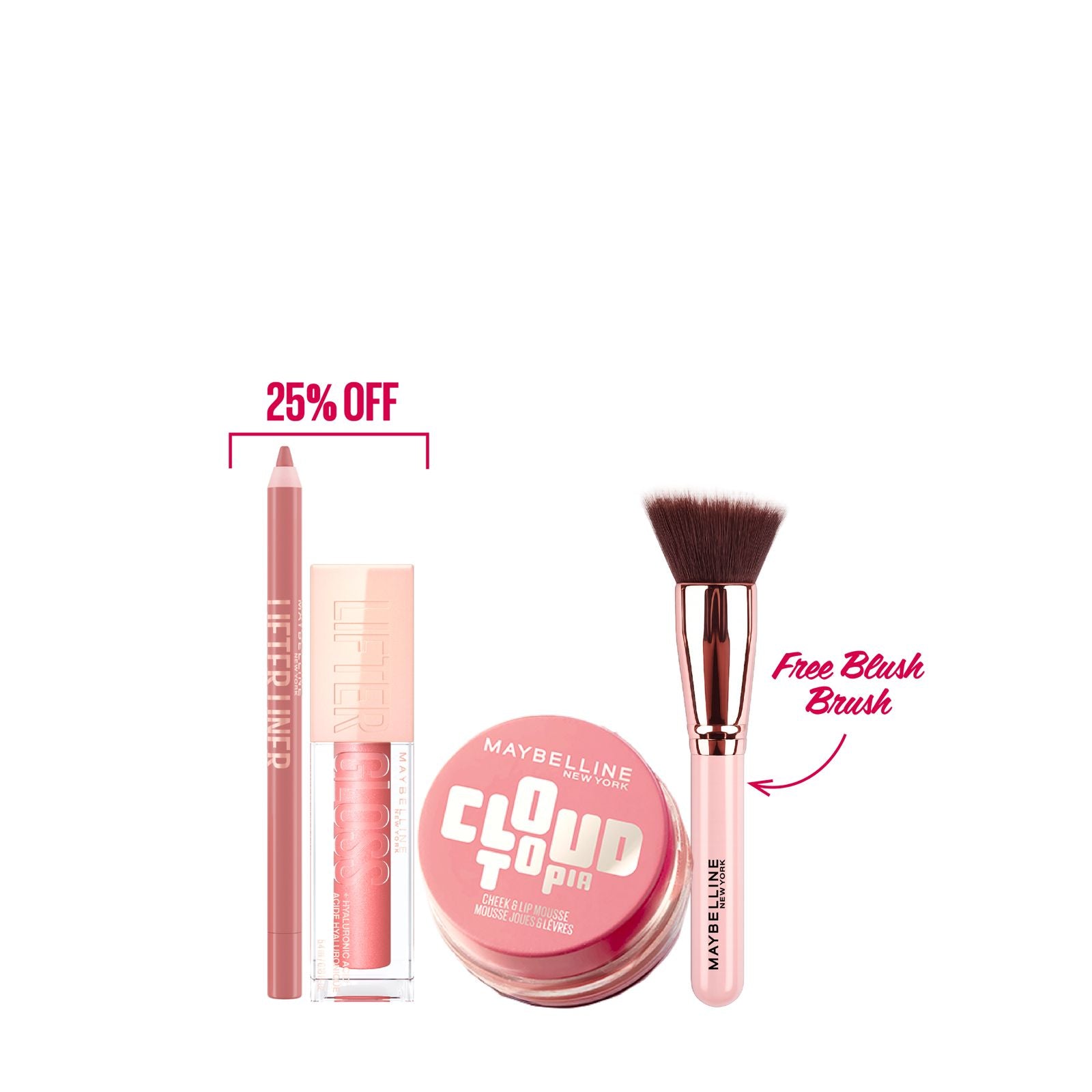 Maybelline New York Cloud To Go Cheek & Lip Mousse 3.6ml + Lifter Lip Plump + Lifter Gloss + Free Blush Brush