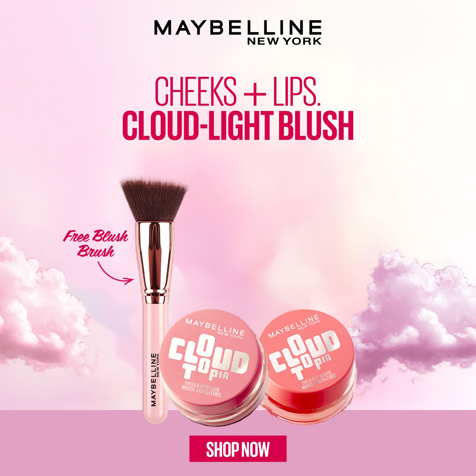 Maybelline Cloud To Go Cheek & Lip Mousse 3.6ml + Maybelline Cloud To Go Cheek & Lip Mousse 3.6ml +Get  Free Blush Brush