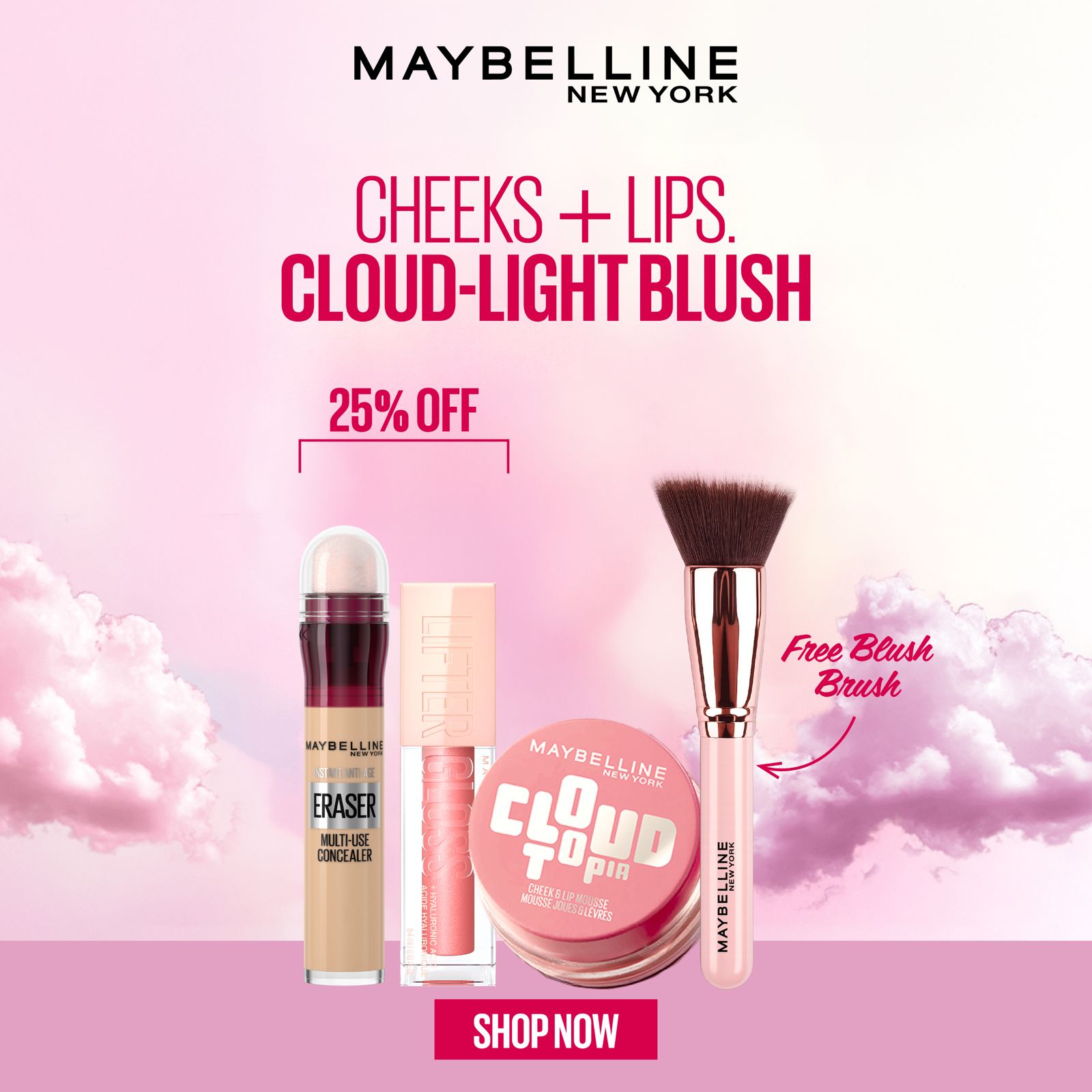 Maybelline New York Instant Anti-Age Eraser Multi-Use Concealer 6.8ml + Hyaluron Lip Plump + Cloud To Go Cheek & Lip Mousse 3.6ml – 25% Off + Free Blush Brush