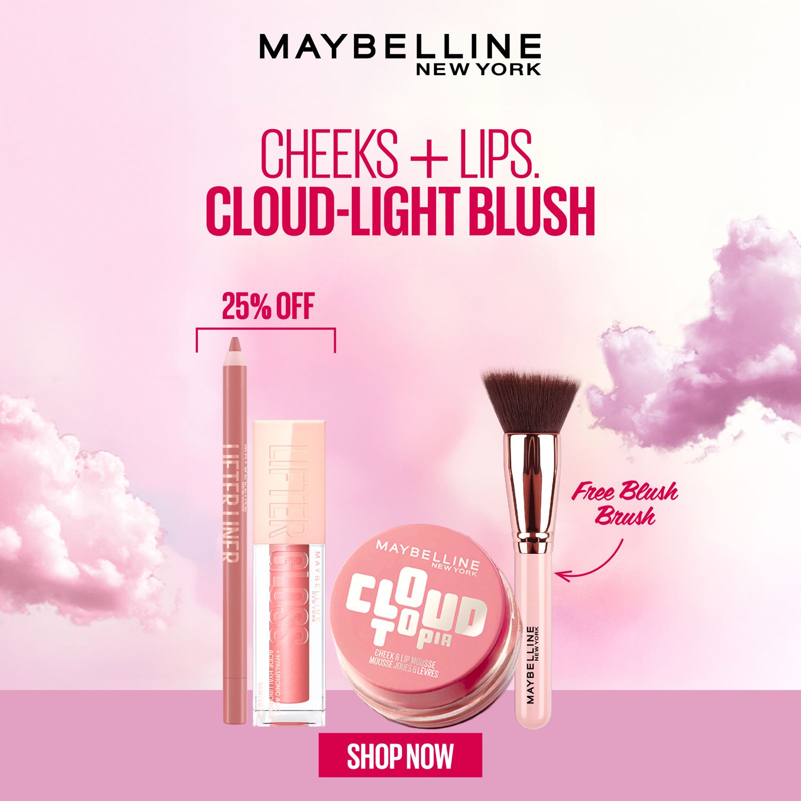 Maybelline New York Cloud To Go Cheek & Lip Mousse 3.6ml + Lifter Lip Plump + Lifter Gloss + Free Blush Brush