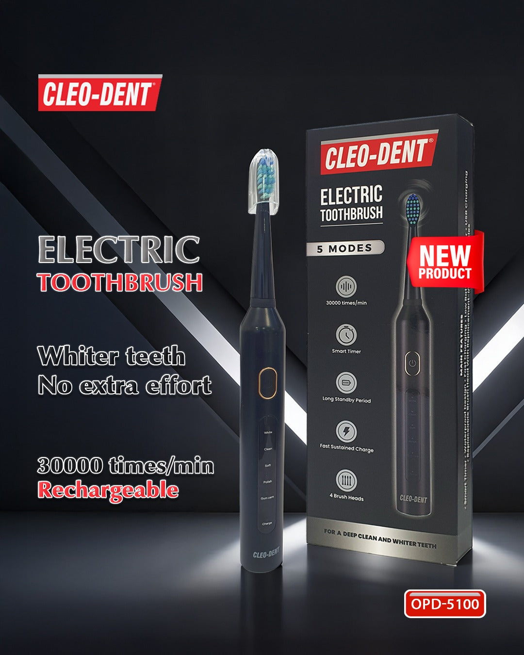 Cleo-Dent Electric Toothbrush – 5 Modes 30,000 Vibrations/Min
