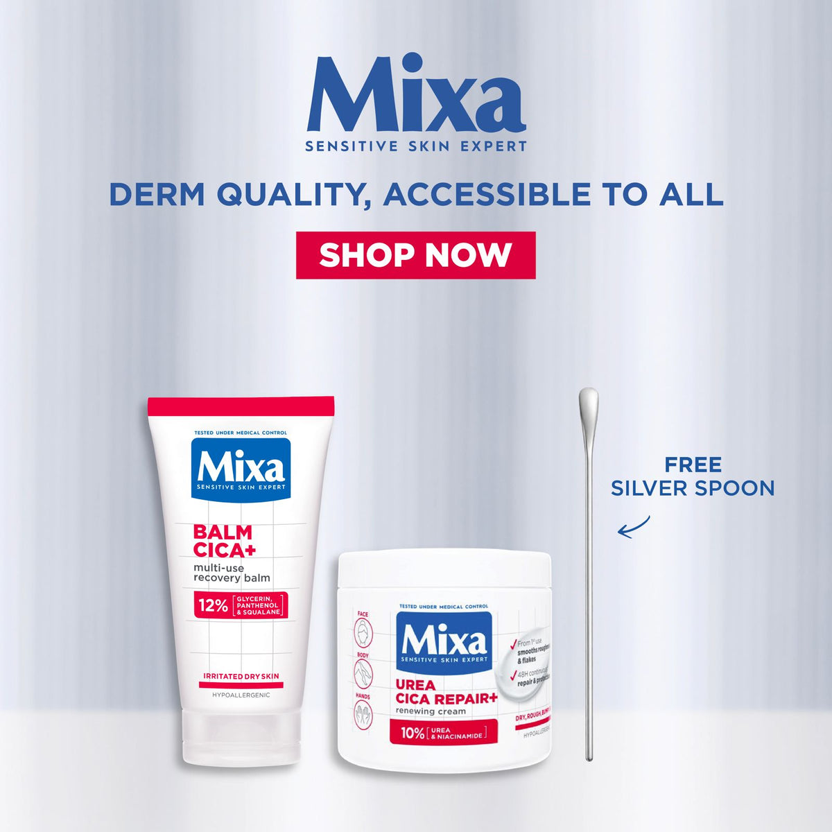 Mixa Cica Repair+ Balm 50ml and Urea Cica Repair+ Cream Jar 400ml Set with FREE Silver Spoon