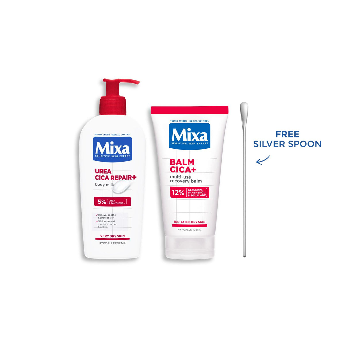 Mixa Cica Repair+ Balm 50ml and Urea Cica Repair+ Body Lotion 400ml Set with FREE Silver Spoon