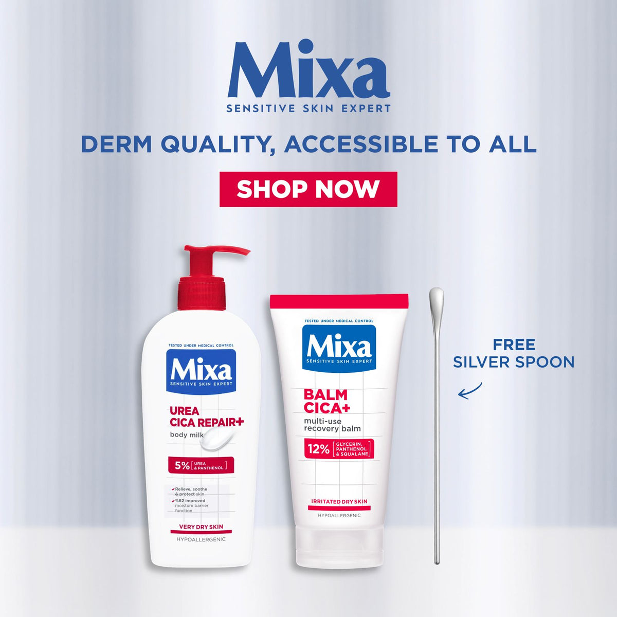 Mixa Cica Repair+ Balm 50ml and Urea Cica Repair+ Body Lotion 400ml Set with FREE Silver Spoon