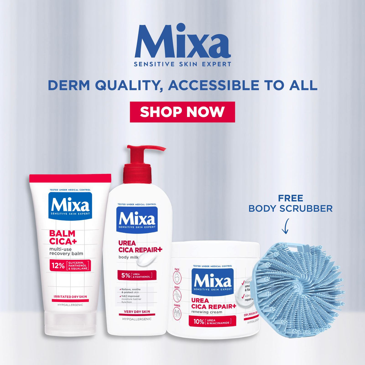 Mixa Cica Repair+ Balm 50ml and Urea Cica Repair+ Body Lotion 400ml and Cream Jar 400ml Set with FREE Body Scrubber