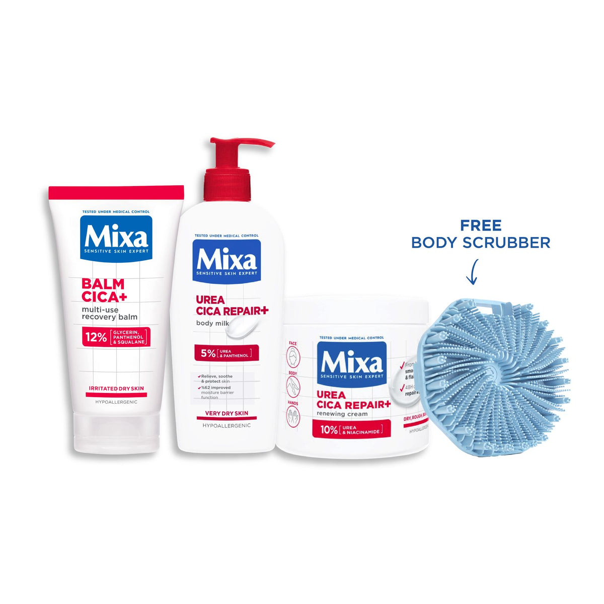 Mixa Cica Repair+ Balm 50ml and Urea Cica Repair+ Body Lotion 400ml and Cream Jar 400ml Set with FREE Body Scrubber