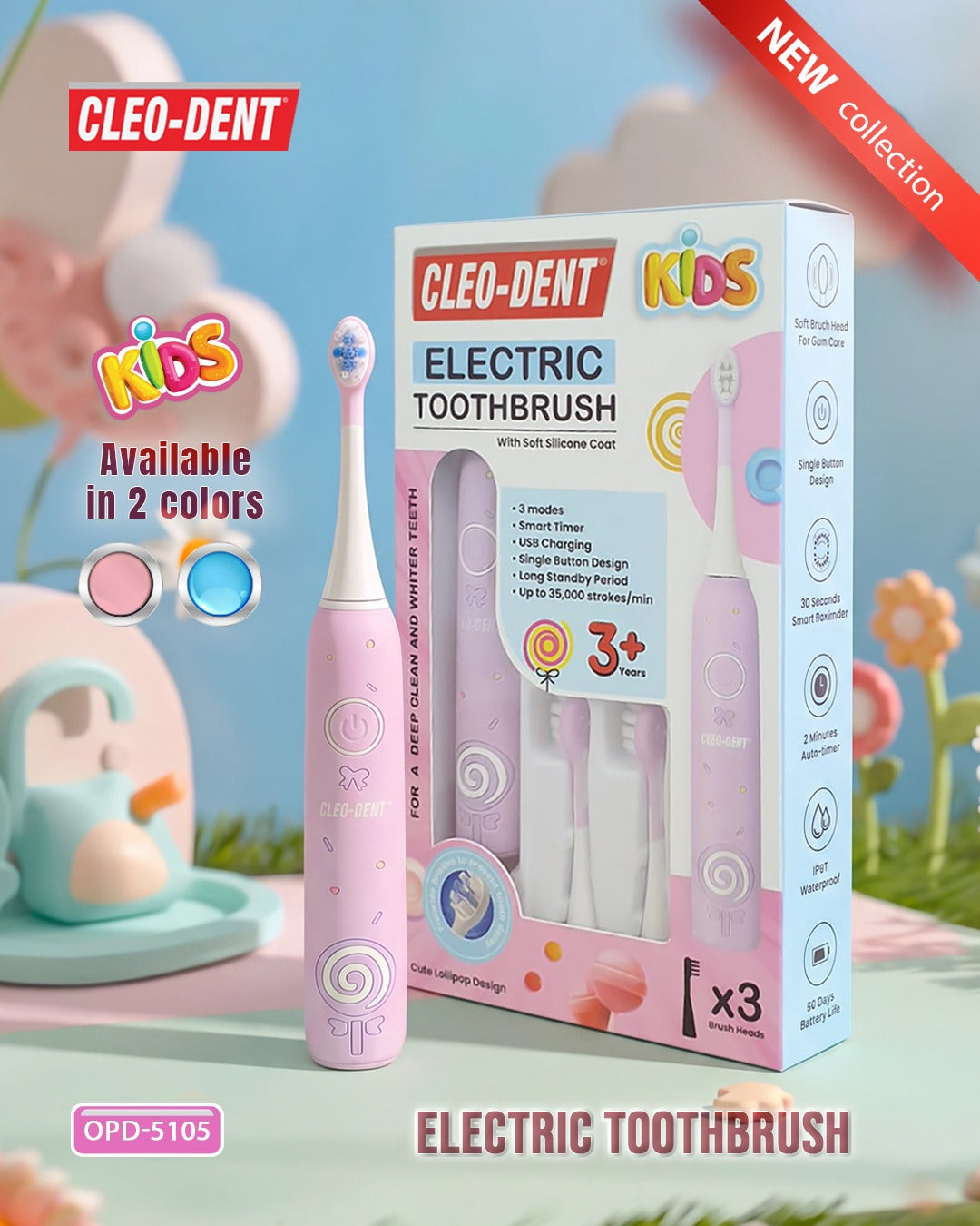Cleo-Dent Kids Electric Toothbrush with 3 Modes Smart Timer and 3 Brush Heads