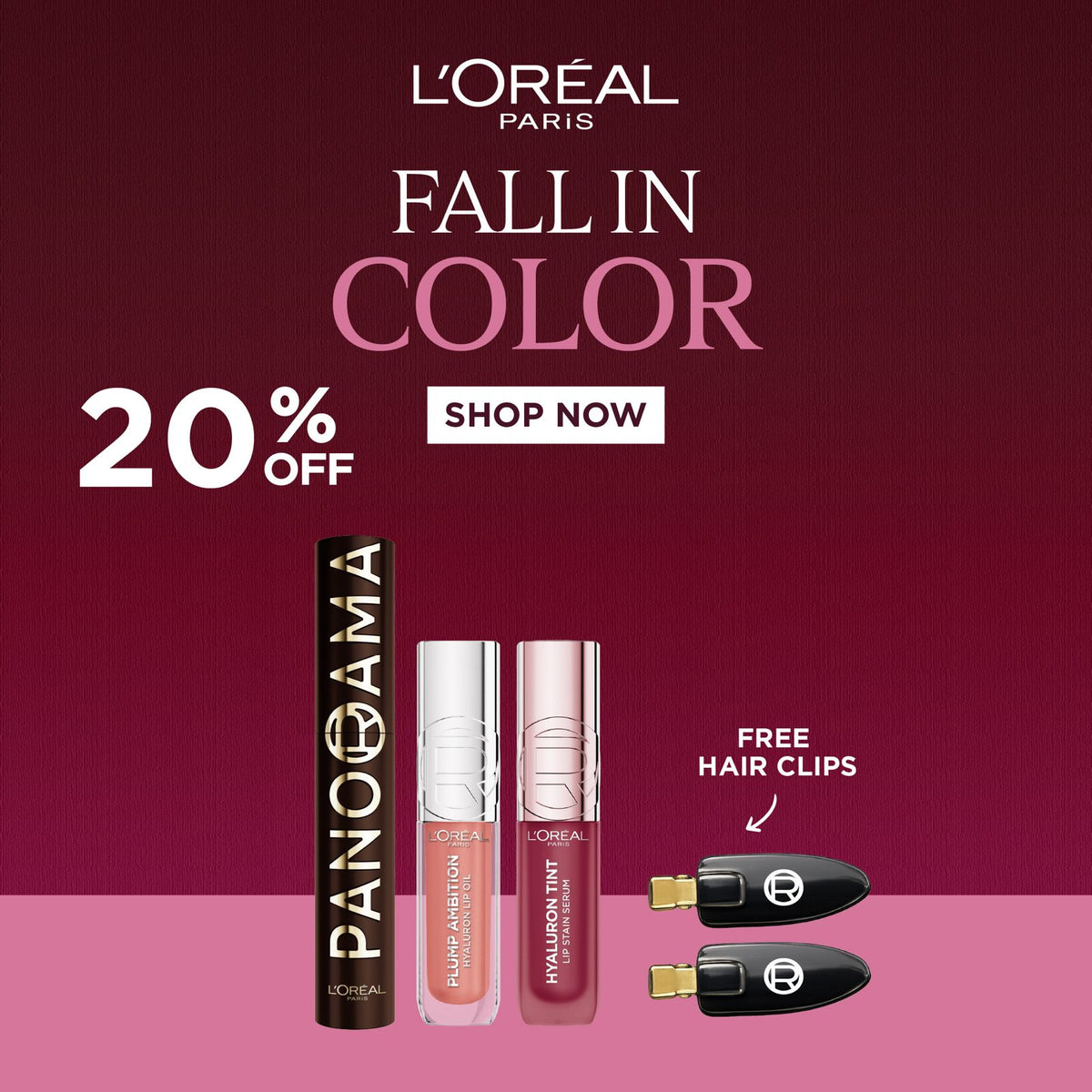 L’Oréal Paris Panorama Mascara + Plump Ambition Hyaluronic Lip Oil + Hyaluronic Lip Tint Get Free Hair Clips 20 %
