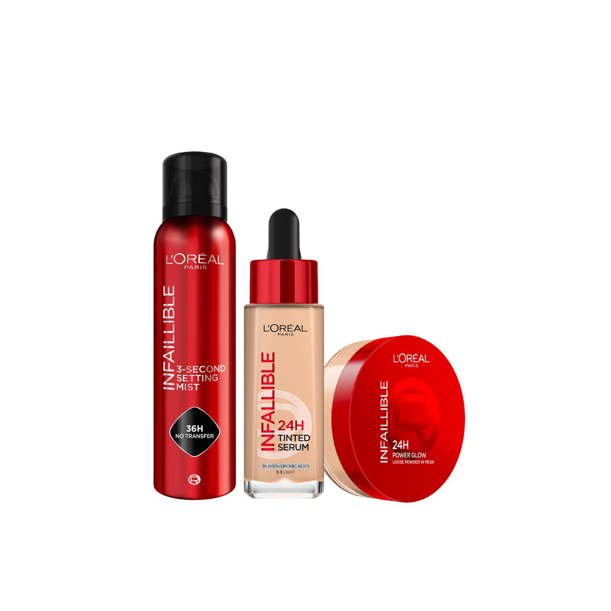 L’Oréal Paris Infallible 3-Second Setting Mist + 24H Tinted Serum + 24H Powder Glow Loose Powder – 20% Off