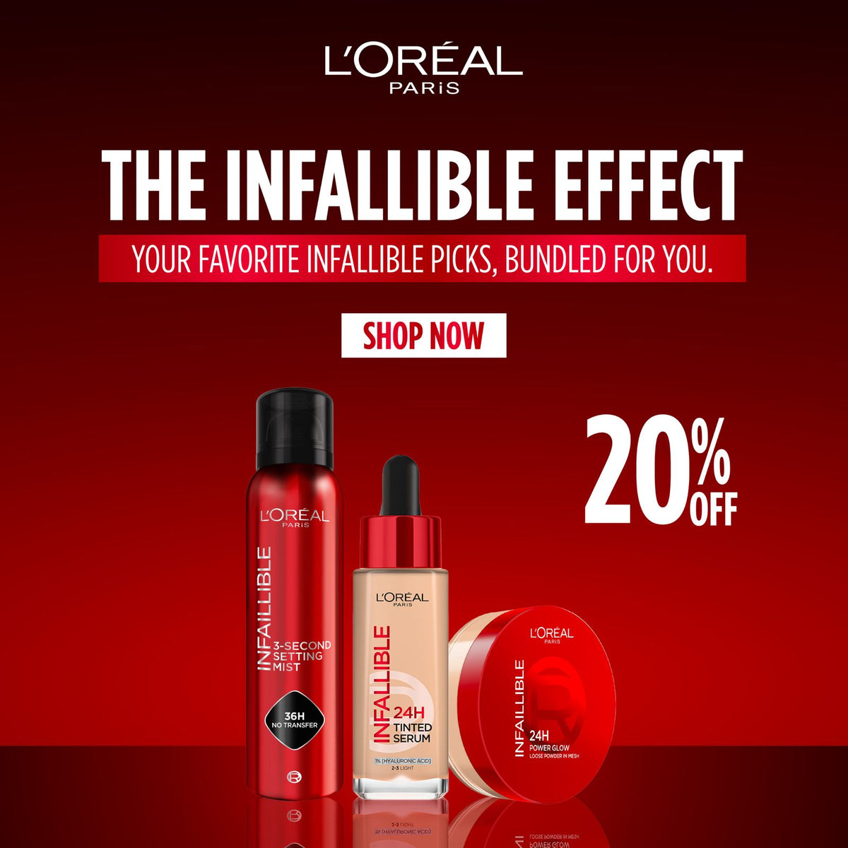 L’Oréal Paris Infallible 3-Second Setting Mist + 24H Tinted Serum + 24H Powder Glow Loose Powder – 20% Off