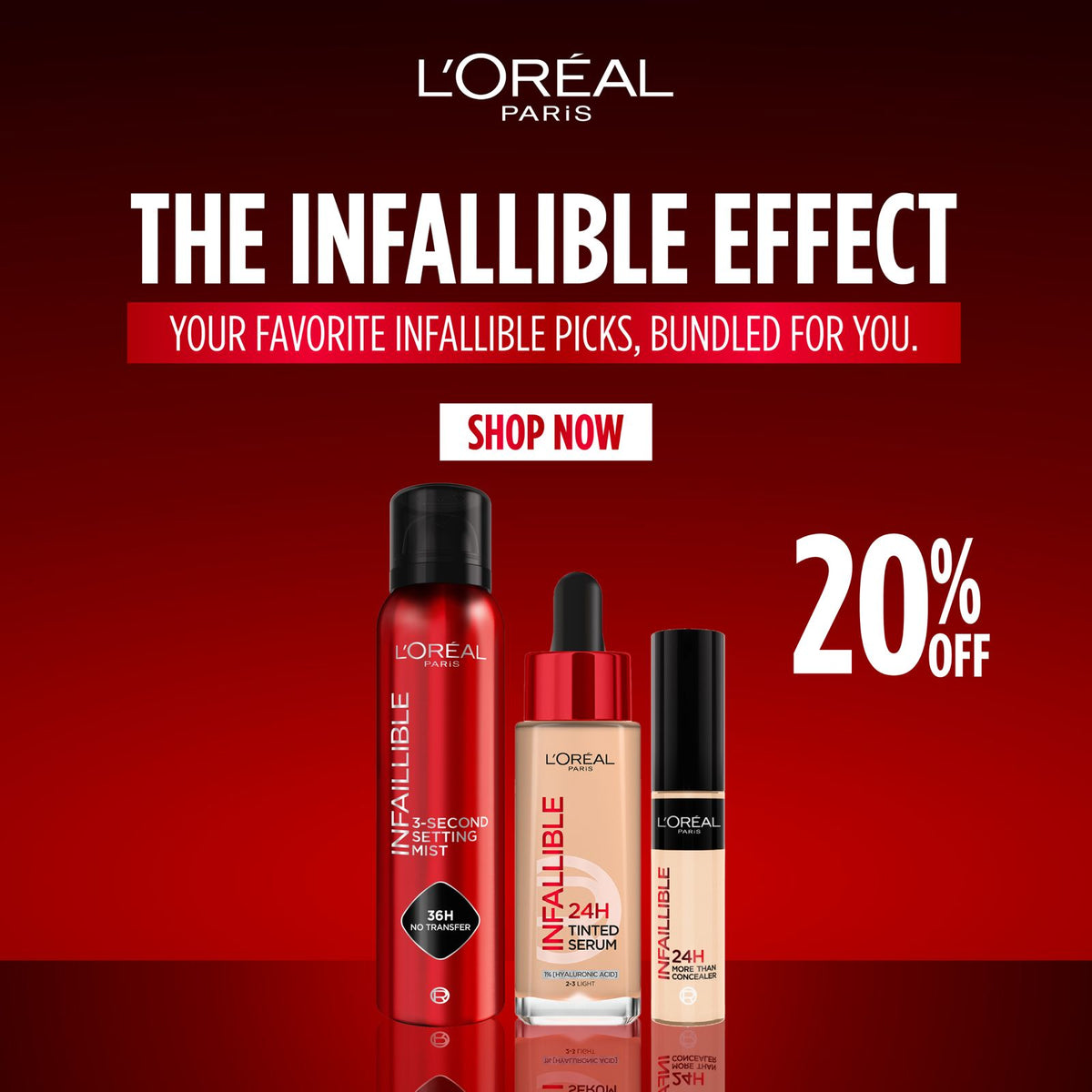 L’Oréal Paris Infallible 3-Second Setting Mist + 24H Tinted Serum + 24H More Than Concealer – 20% Off