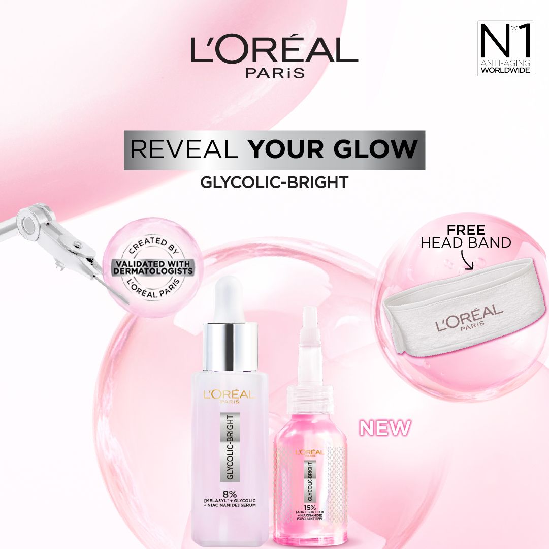 L'Oreal Paris Glycolic Bright 8% Serum + Glycolic Bright Anti-Dark Spot Exfoliant Peel 25ml Get Free Headband Set