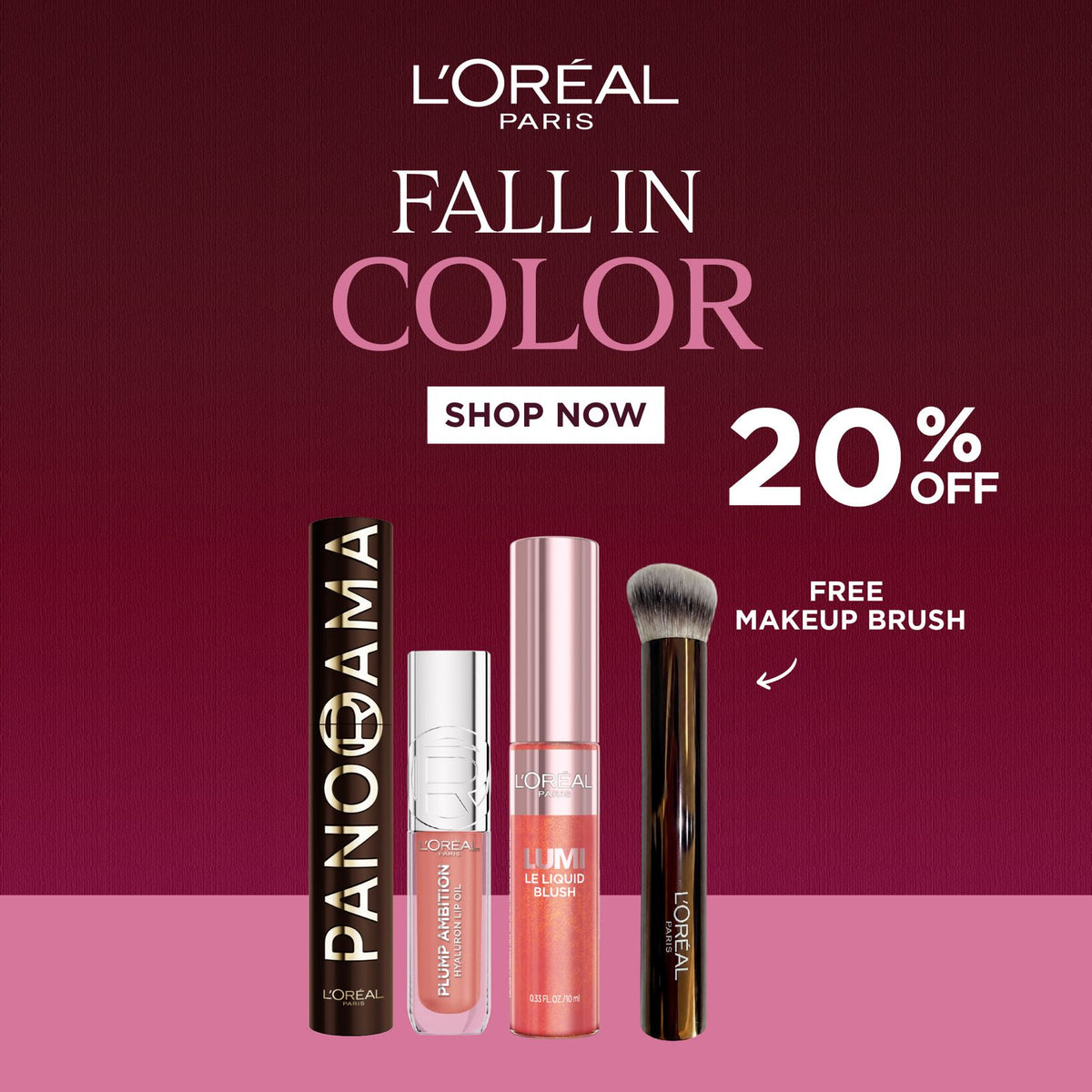 L’Oréal Paris Panorama Mascara + Plump Ambition Hyaluronic Lip Oil + Lumi Le Liquid Blush Get Free Makeup Brush 20% Off