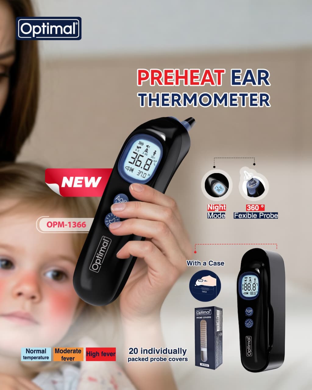 Optimal Preheat Ear Thermometer with Night Mode and Flexible Probe OPM-1366-5