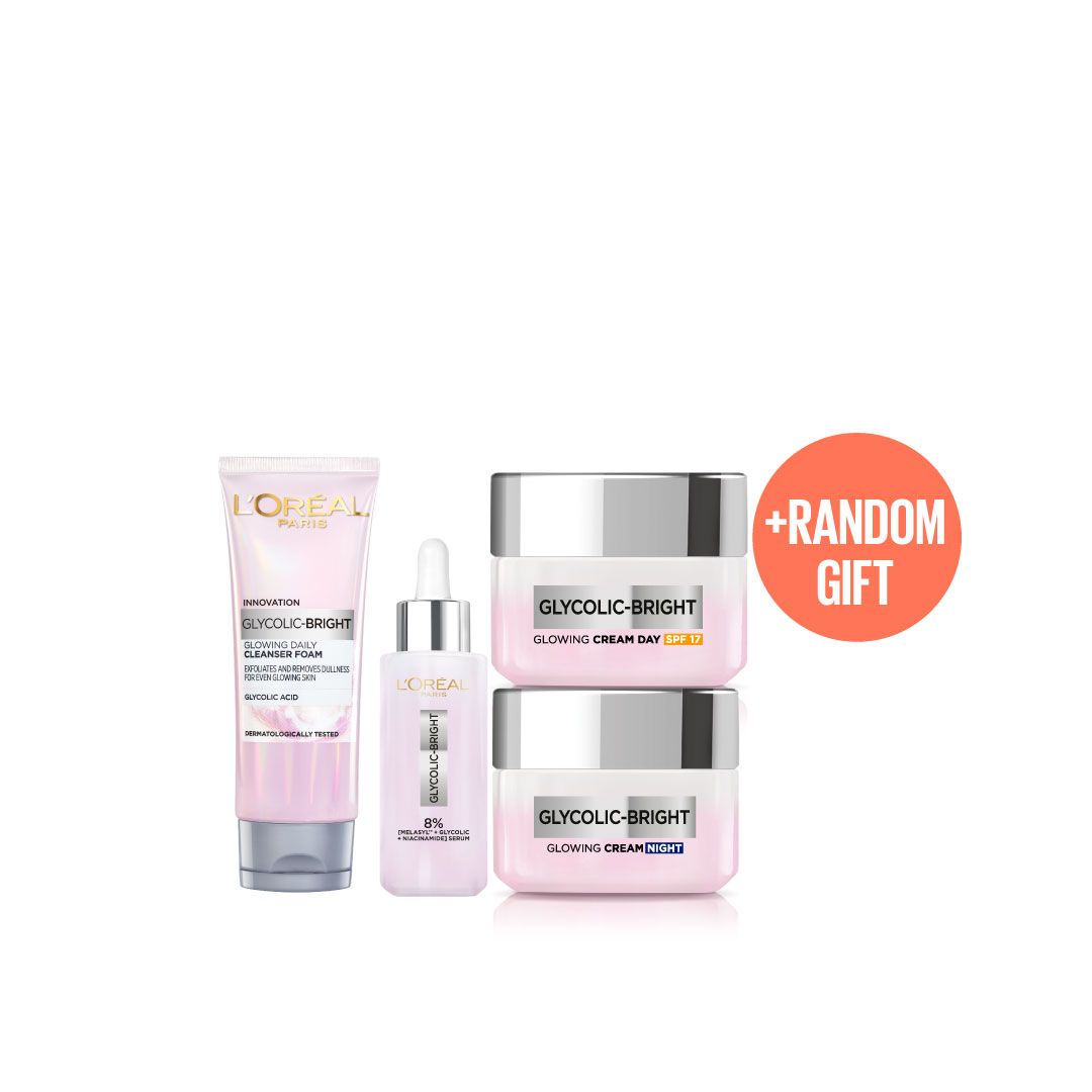L’Oreal Paris Glycolic-Bright Cleanser + Serum + Day Cream SPF 17 + Night Cream – 30% Off Black Friday Deal + Random Gift-1