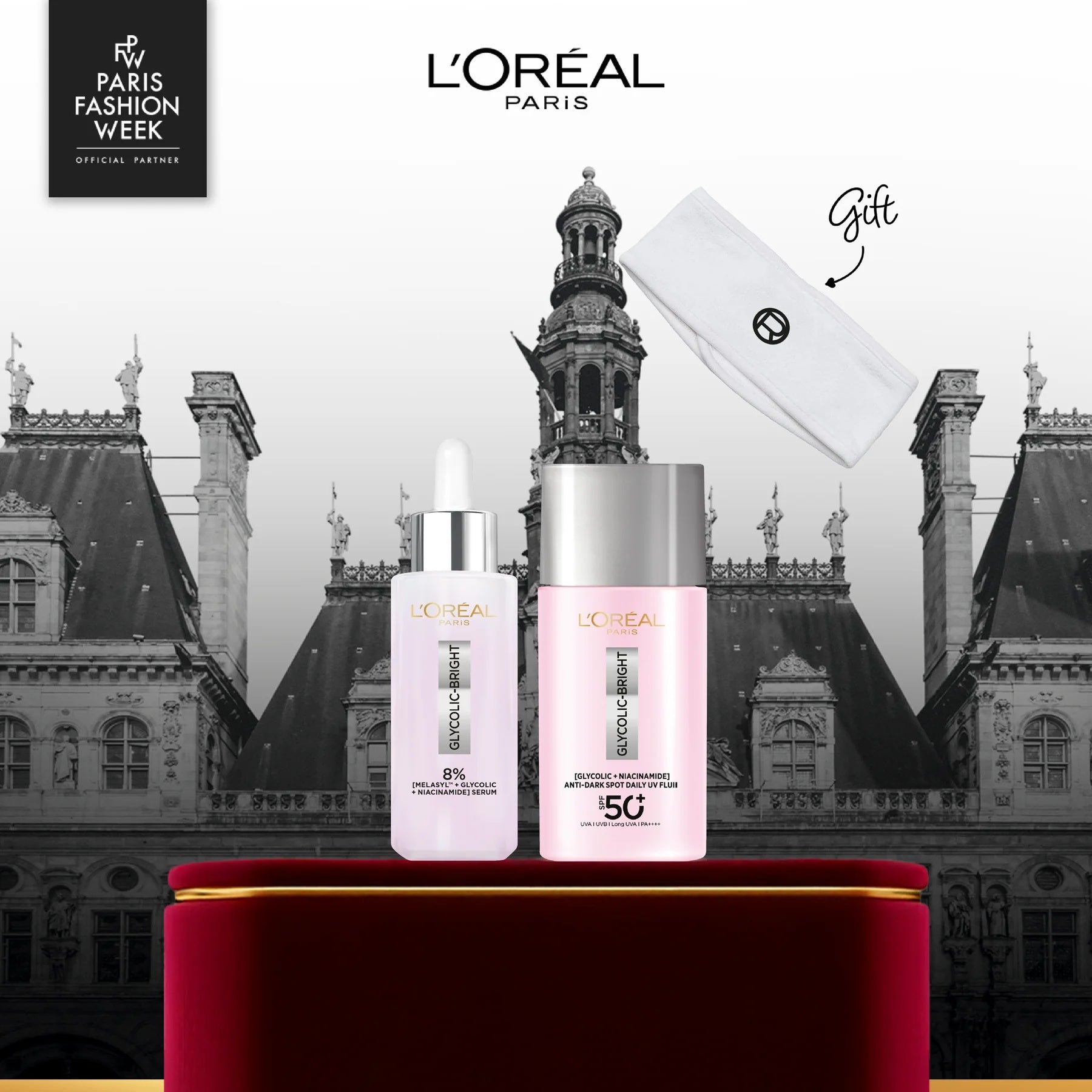 L’Oreal Paris Glycolic-Bright Serum + Day Cream SPF 50 Duo with Free Gift Towel Headband-2