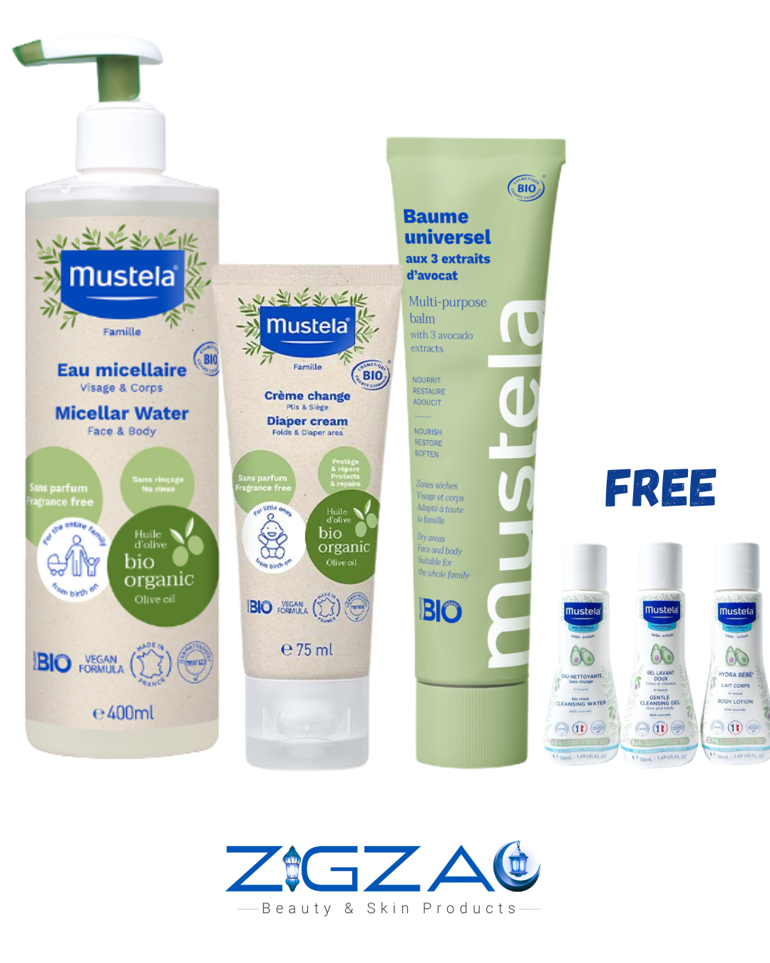 Mustela Bio Organic Micellar Water 400ml, Diaper Cream 75ml, Universal Cream 100ml, 3 Free Minis- Eau Nettoyante, Hydra Bebe, Gel Lavant Doux-1