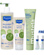 Mustela Bio Organic Micellar Water 400ml, Diaper Cream 75ml, Universal Cream 100ml, 3 Free Minis- Eau Nettoyante, Hydra Bebe, Gel Lavant Doux-1