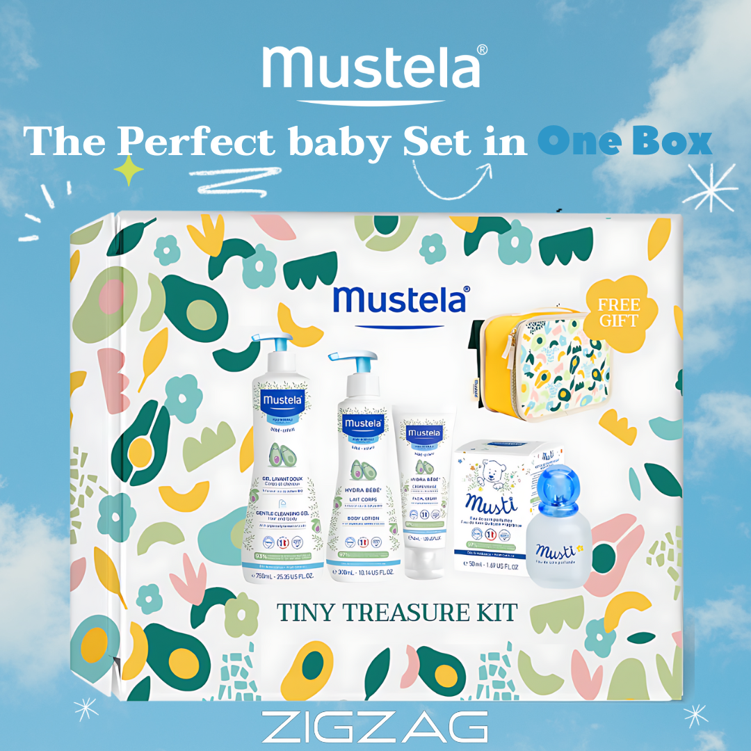 Mustela Baby Essentials Set with Gentle Cleansing Gel, Eau de Soin, Hydra Bebe Face Cream, Body Lotion & Free Pouch-1