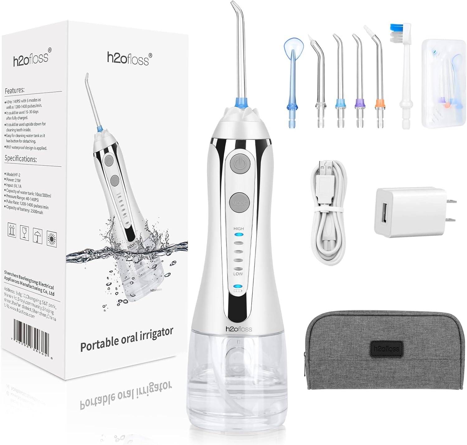 H2O Floss Cordless Oral Irrigator Professional Kit – Black or White