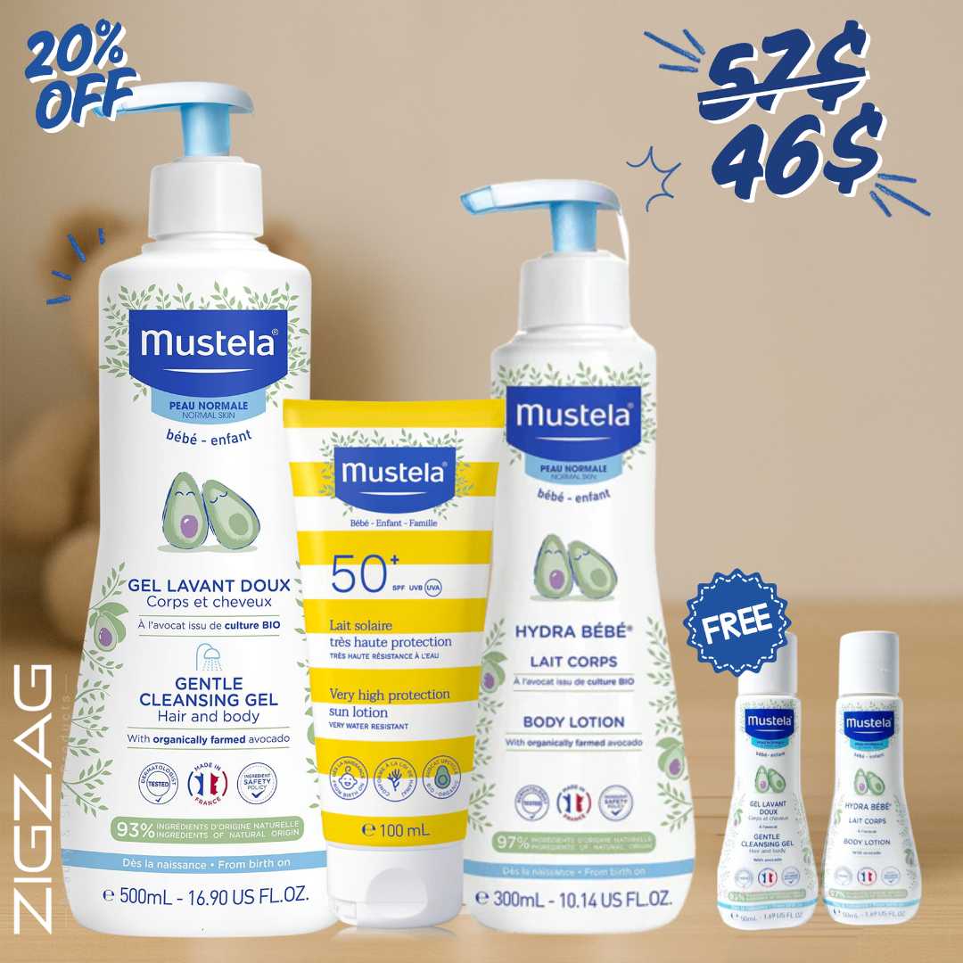 Mustela Gentle Cleansing Gel Hair & Body 500ml + Sun Protection Milk 100ml + Mustela Baby Lotion 300ml + Free 2 Mini Shampoos-1