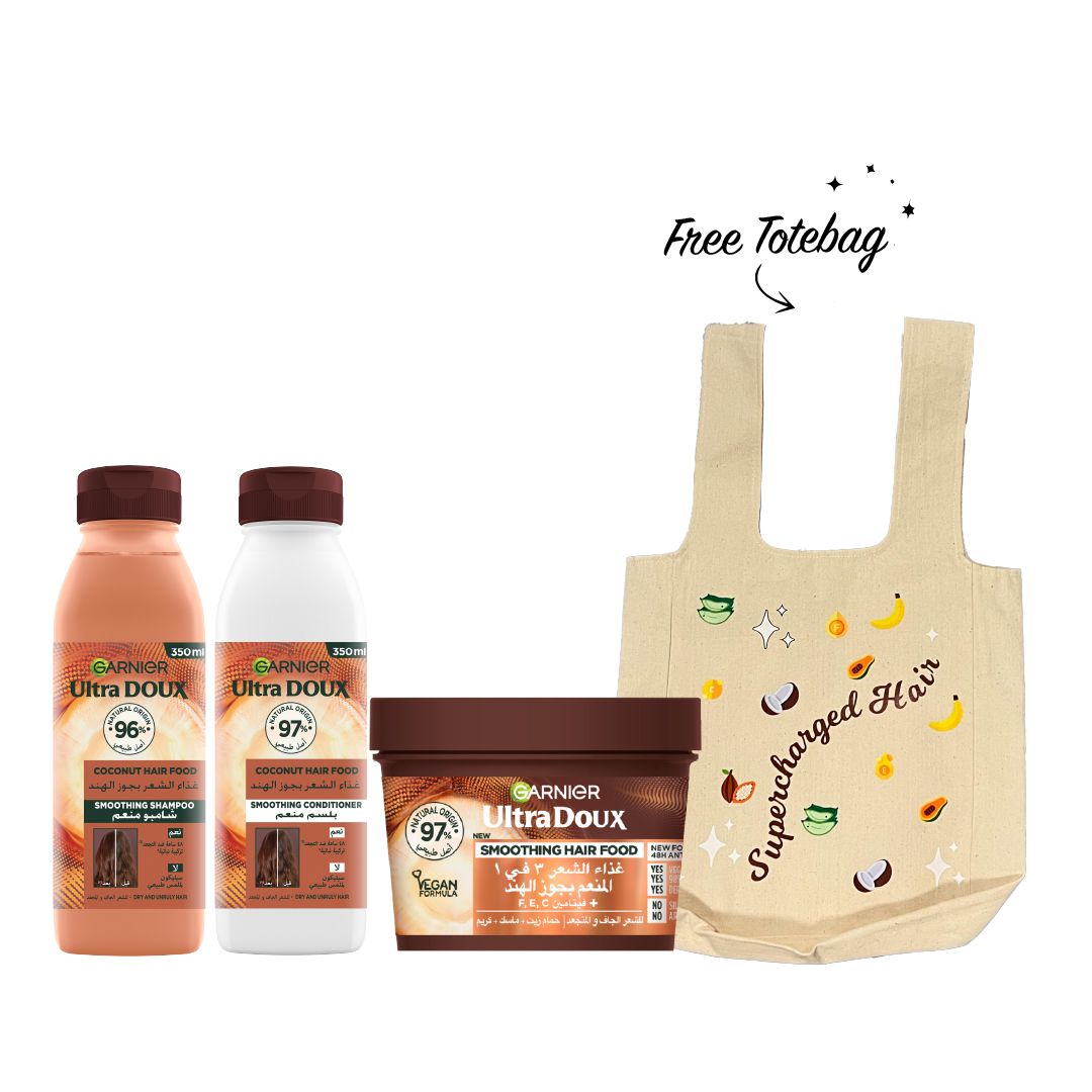 Garnier Ultra Doux Coconut Hair Food Smoothing Shampoo, Conditioner, and Mask Set with Free tote bag.-1