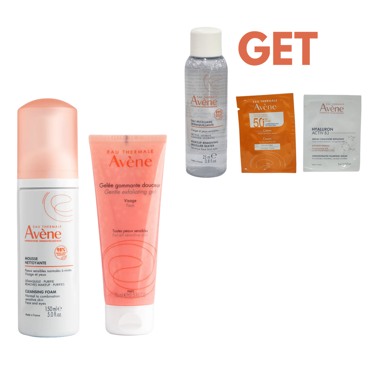Avene Mousse Cleansing Foam & Avene Soothing Radiance Mask Bundle, Get Free Micellar Water, Activ B3 & Sun Protection Testers-1