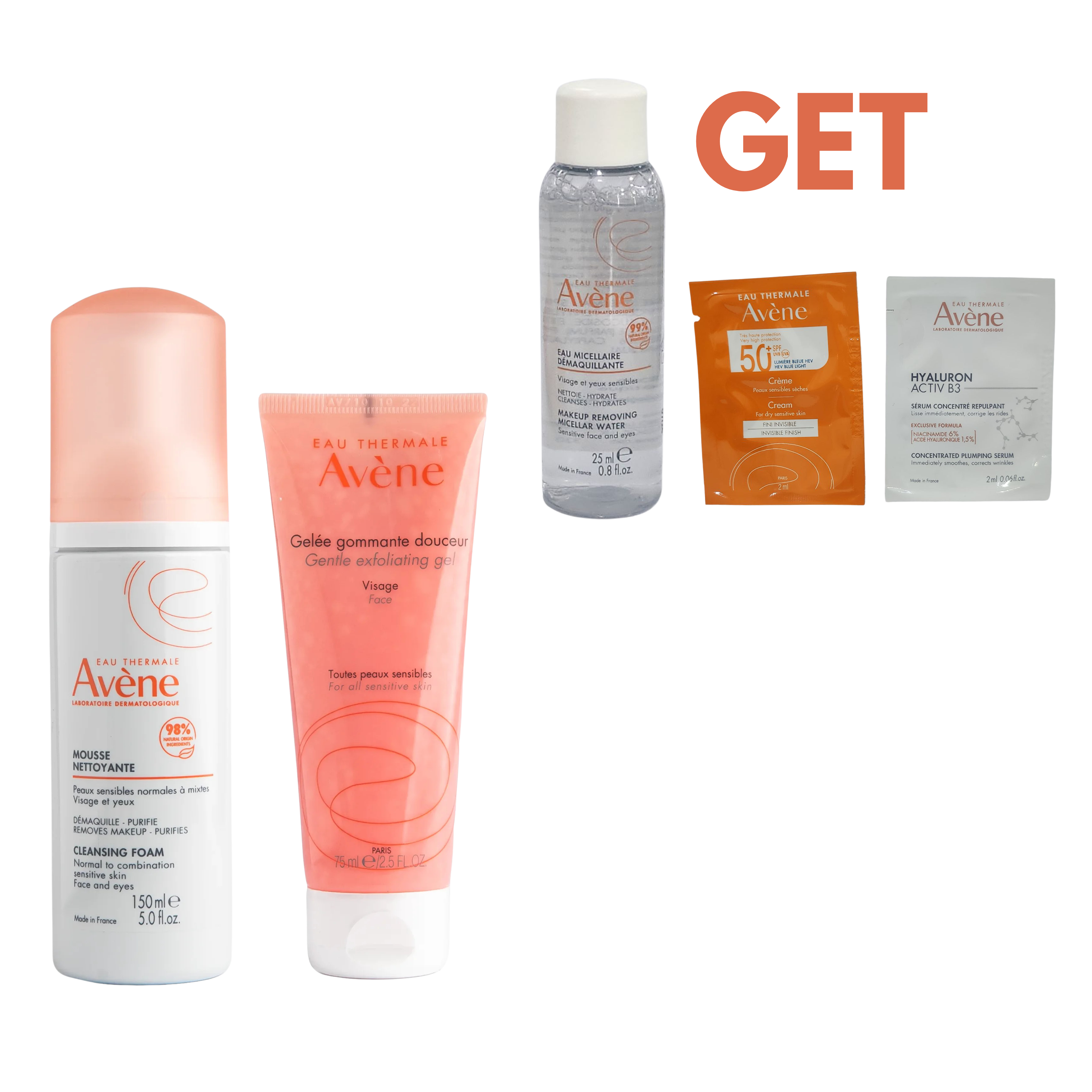 Avene Mousse Cleansing Foam & Avene Soothing Radiance Mask Bundle, Get Free Micellar Water, Activ B3 & Sun Protection Testers-1