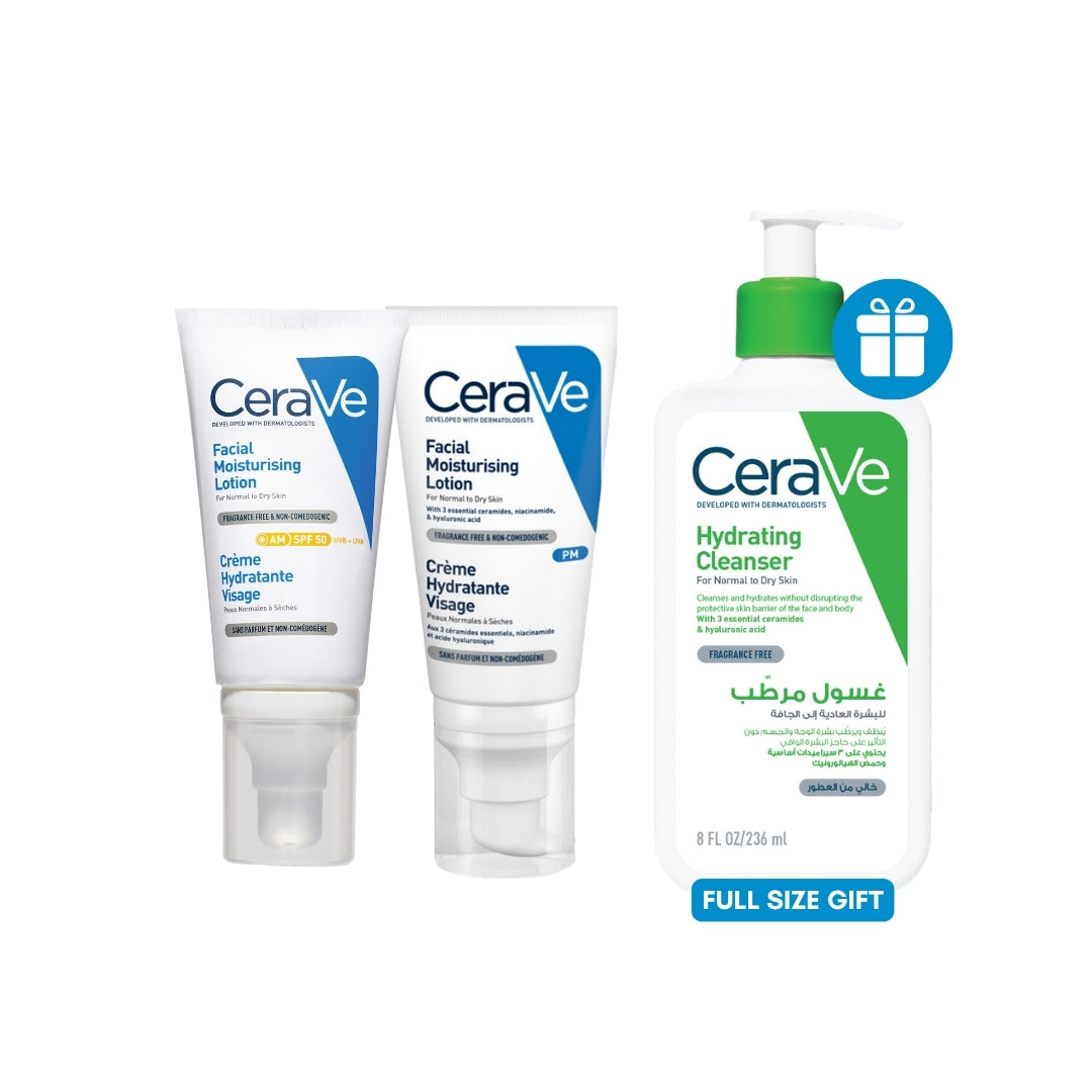 CeraVe Facial Moisturising Lotion AM SPF50 52ml + PM Facial Moisturising Lotion 52ml + FREE Hydrating Cleanser 236ml
