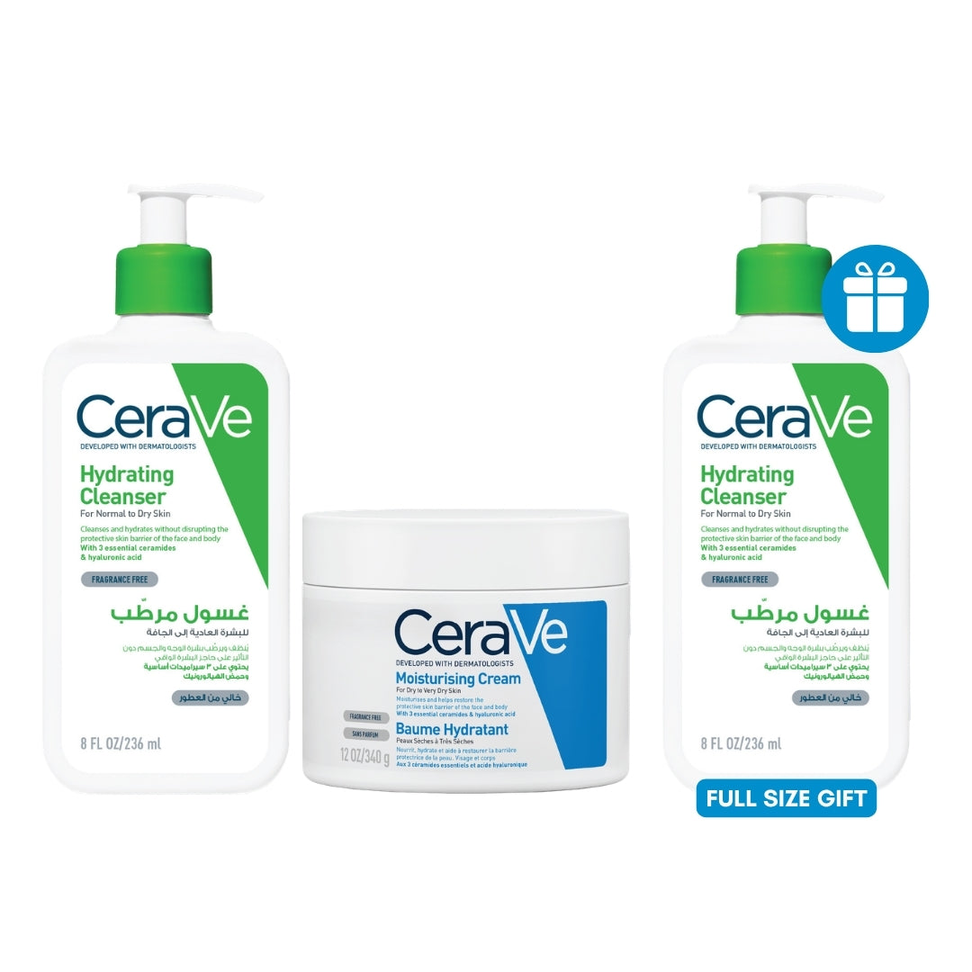 CeraVe Hydrating Cleanser 236ml + Moisturising Cream 340g + FREE Hydrating Cleanser 236ml