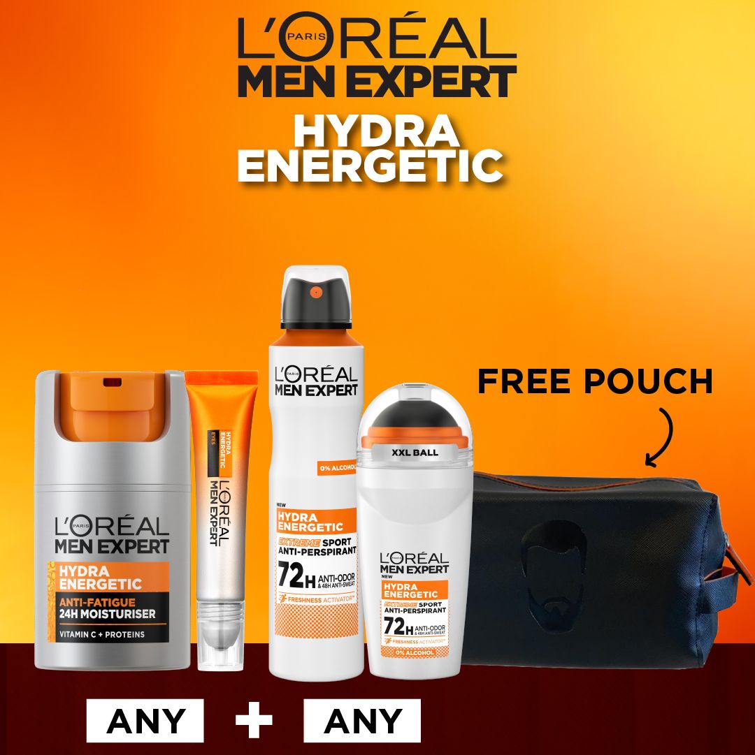L’Oréal Men Expert Hydra Energetic Anti-Fatigue 24H Moisturizer & Eye Cream Set with Free Pouch-2