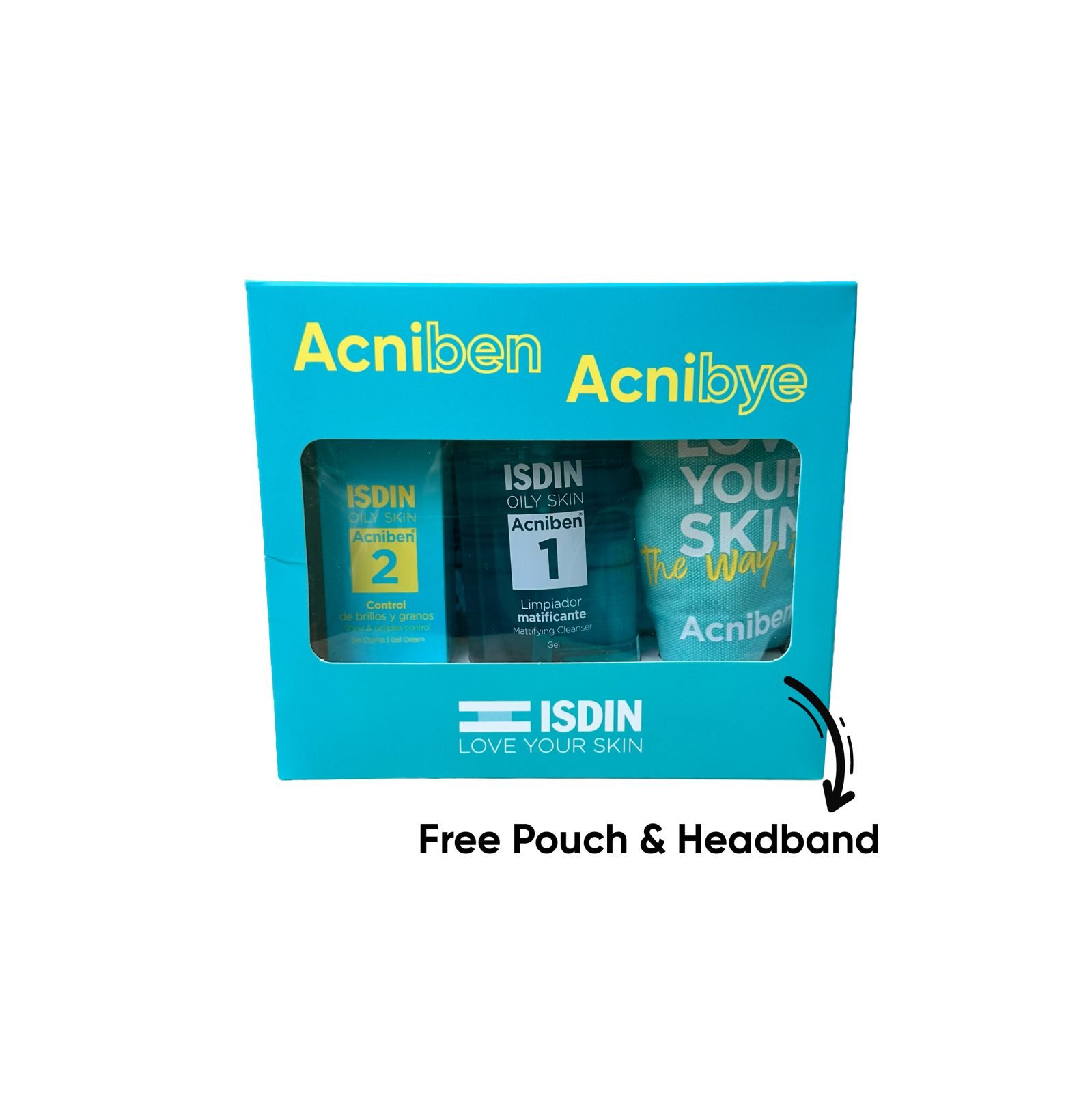 ISDIN Acniben Mattifying Cleanser 400 ml + ISDIN Acniben Shine and Pimples Control 40 ml get Free Pouch and Headband-1
