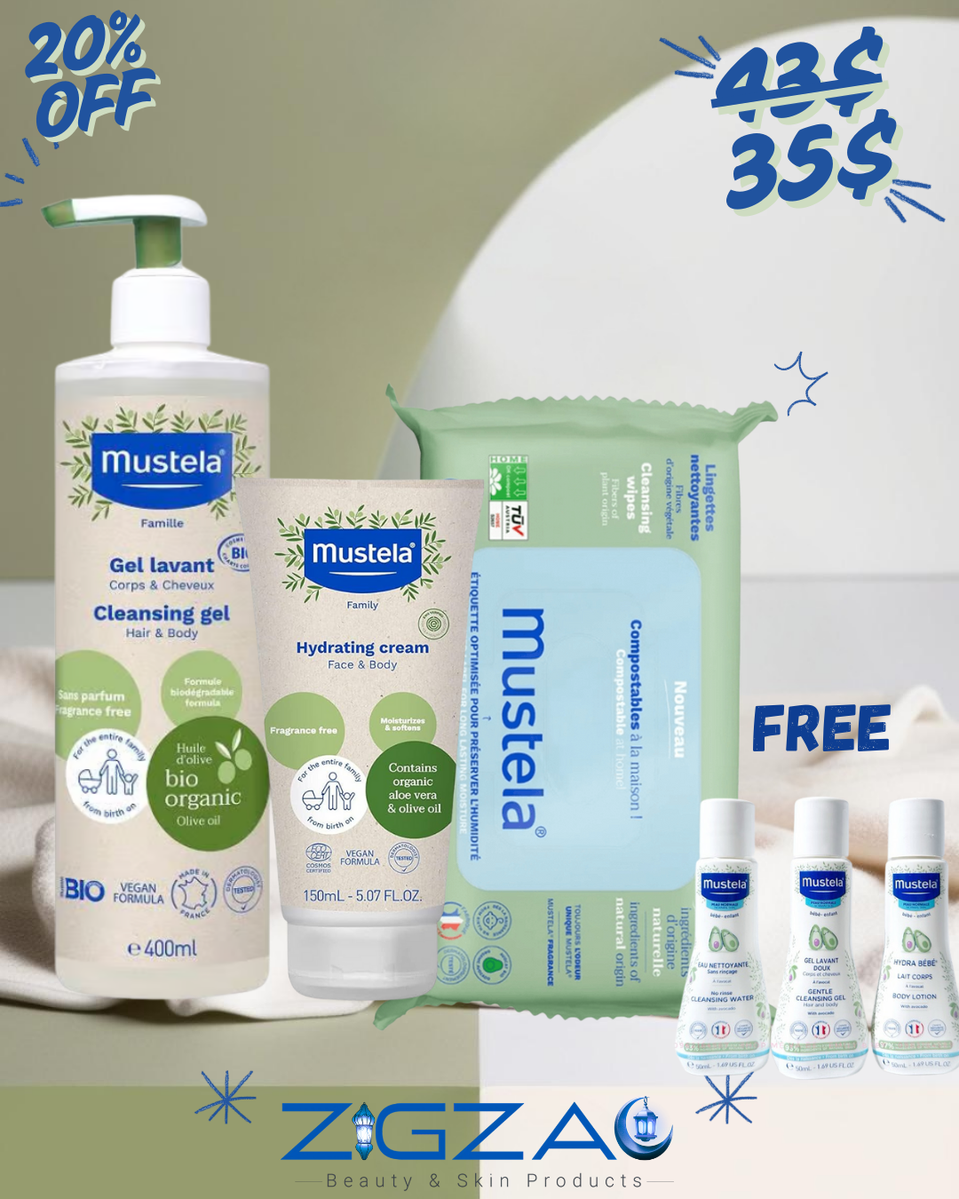 Mustela Bio Organic Cleansing Gel 400ml, Hydrating Cream 150ml, Organic Wet Wipes 60 – Get 3 Free Minis- Eau Nettoyante, Hydra Bebe, Gel Lavant Doux-2