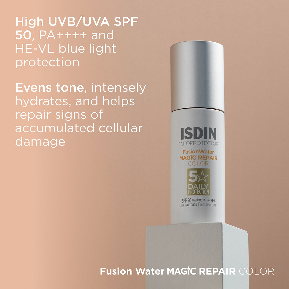 ISDIN Fusion Water MAGIC Repair Color SPF 50 | High Protection Tinted Sunscreen for Skin Repair and UV Defense-5