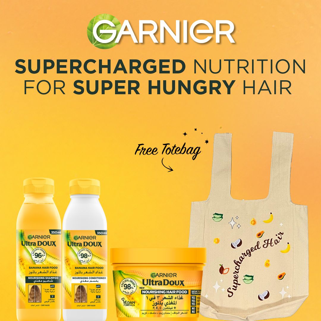 Garnier Ultra Doux Banana Nourishing Hair Food 3-in-1 | Free Tote Bag | Hydrating Shampoo, Conditioner, and Mask-2