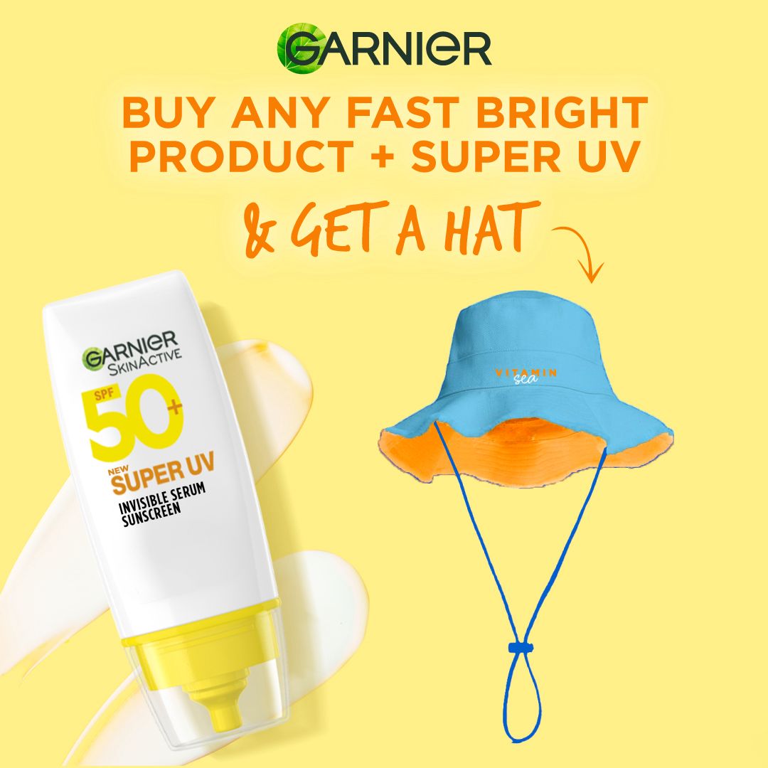 Garnier Super UV Invisible Serum Sunscreen SPF 50 + Any Fast Bright Product Get a FREE Cool Sea Hat!-2