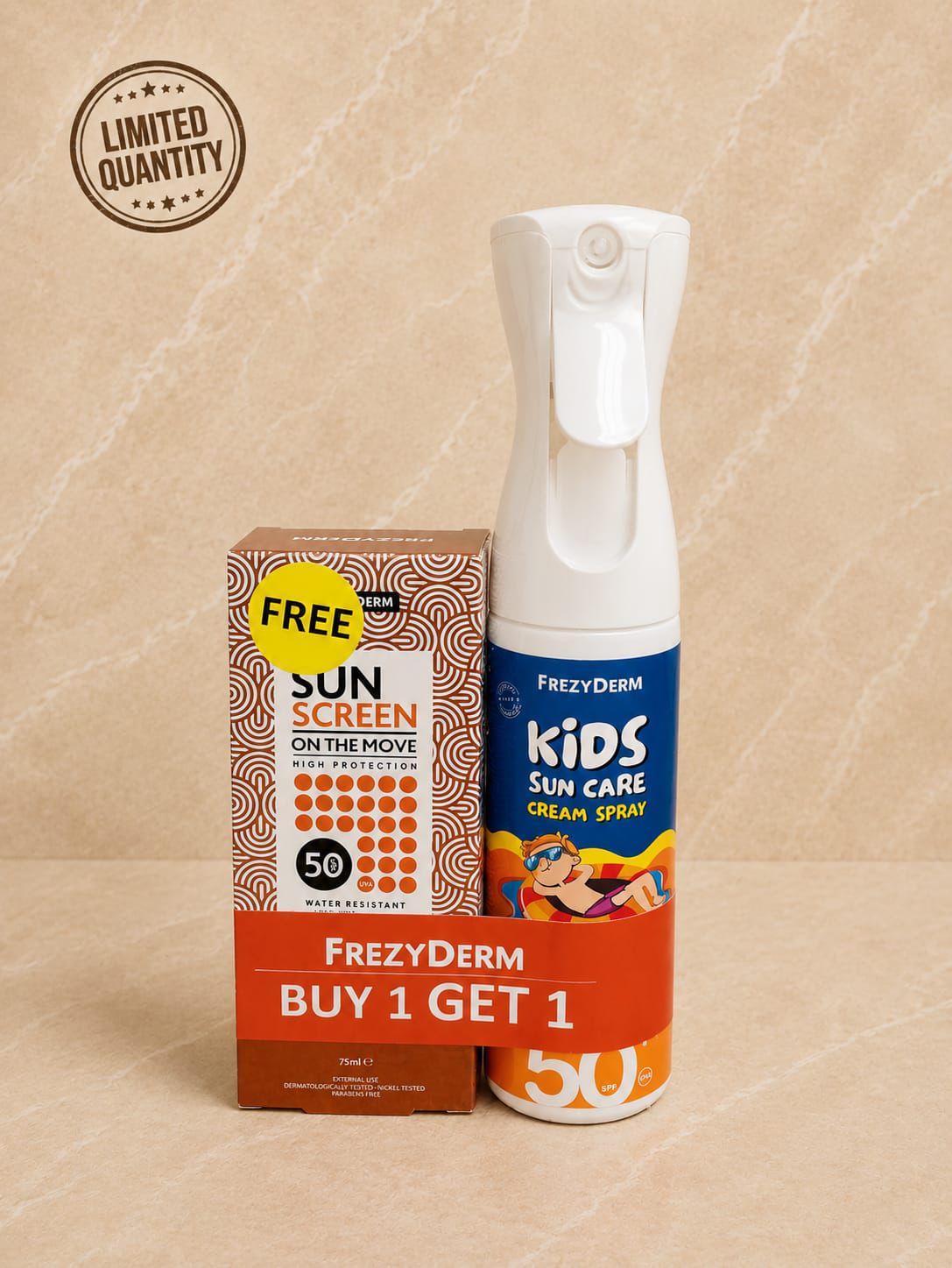 FrezyDerm Kids Sun Care Cream Spray SPF50+ 200ml + Free Sunscreen On The Move 75ml – Sun Protection Set
