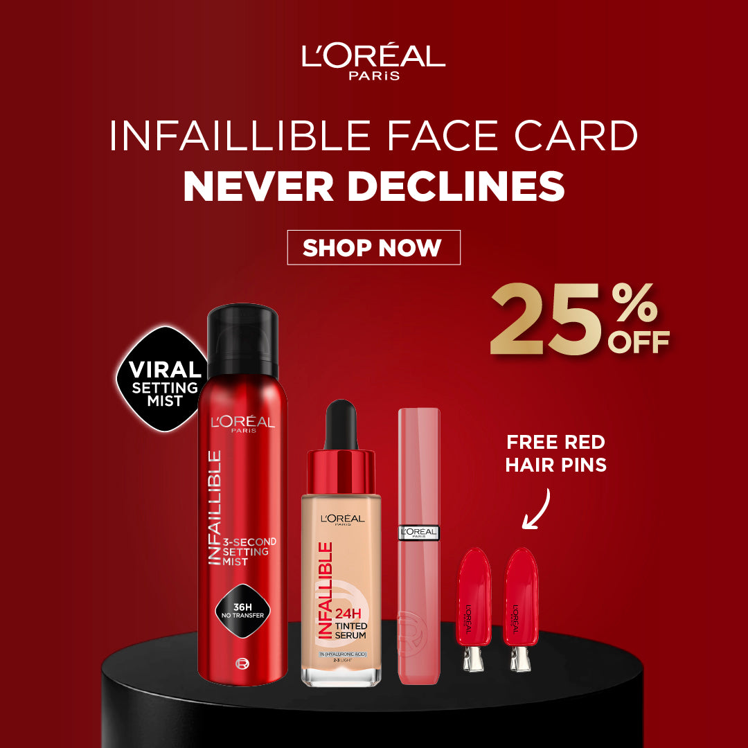 L’Oreal Paris Infallible 3-Second Setting Mist 36H + Infallible 24H Tinted Serum + Infallible 24H Lip Tint + Free Red Hair Pins – 25% Off