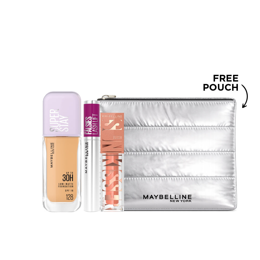 Maybelline Lumi Matte Foundation, Falsies Lash Mascara and Maybelline Sunkisser Liquid Blush , Bronzer Get 25% Off and Free Silver Pouch