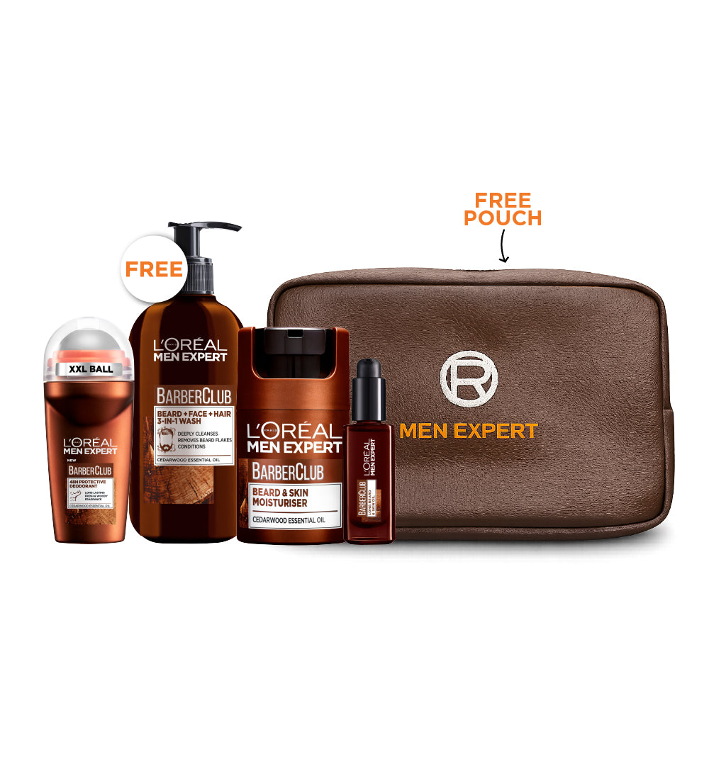 L’Oreal Men Expert BarberClub Beard & Face Oil 30ml + Beard & Skin Moisturizer 50ml + Deodorant 50ml + 3-in-1 Wash 200ml Free + Travel Pouch Free