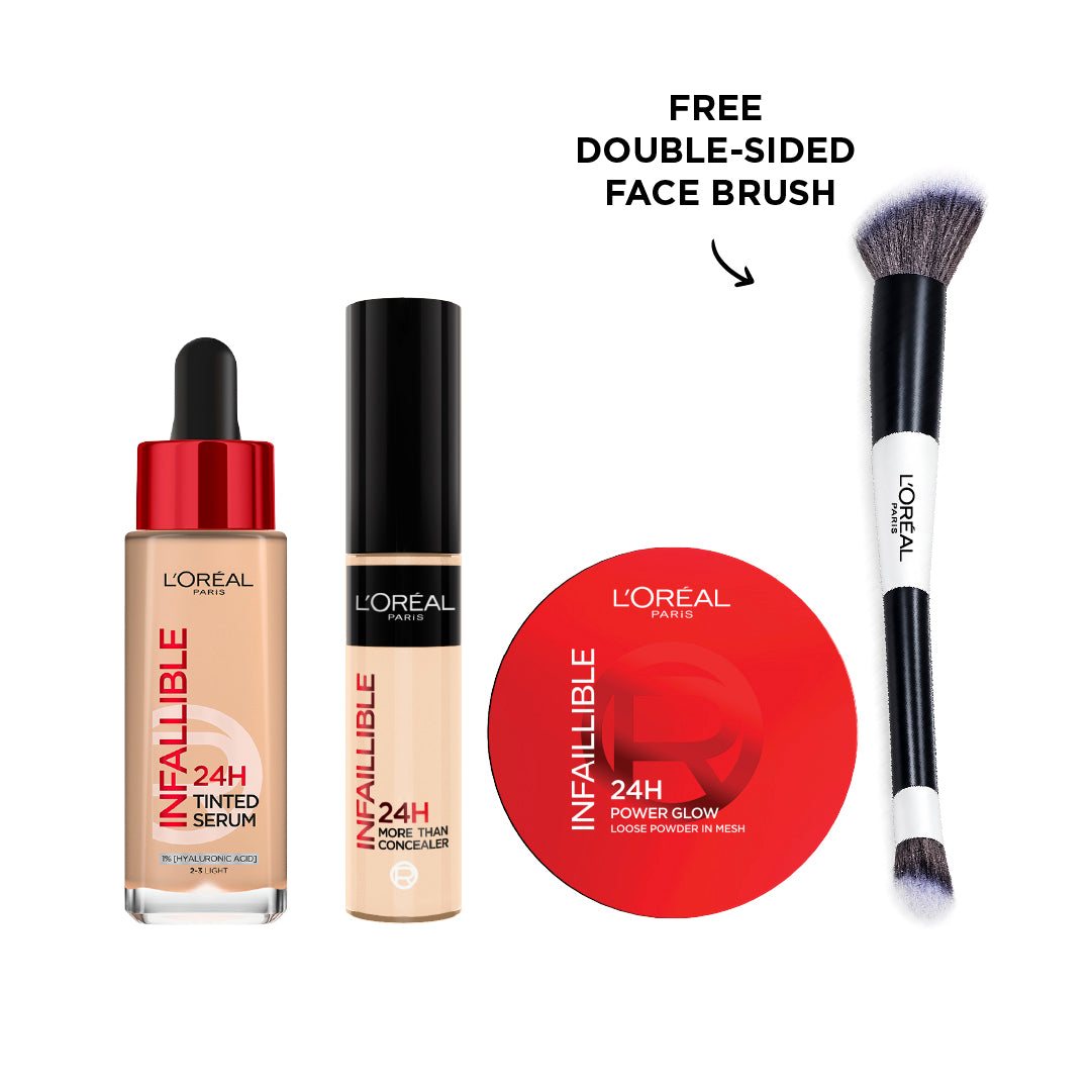 L’Oreal Paris Infaillible 24H Tinted Serum + More Than Concealer + Power Glow Loose Powder + Free Double-Sided Face Brush-25% off