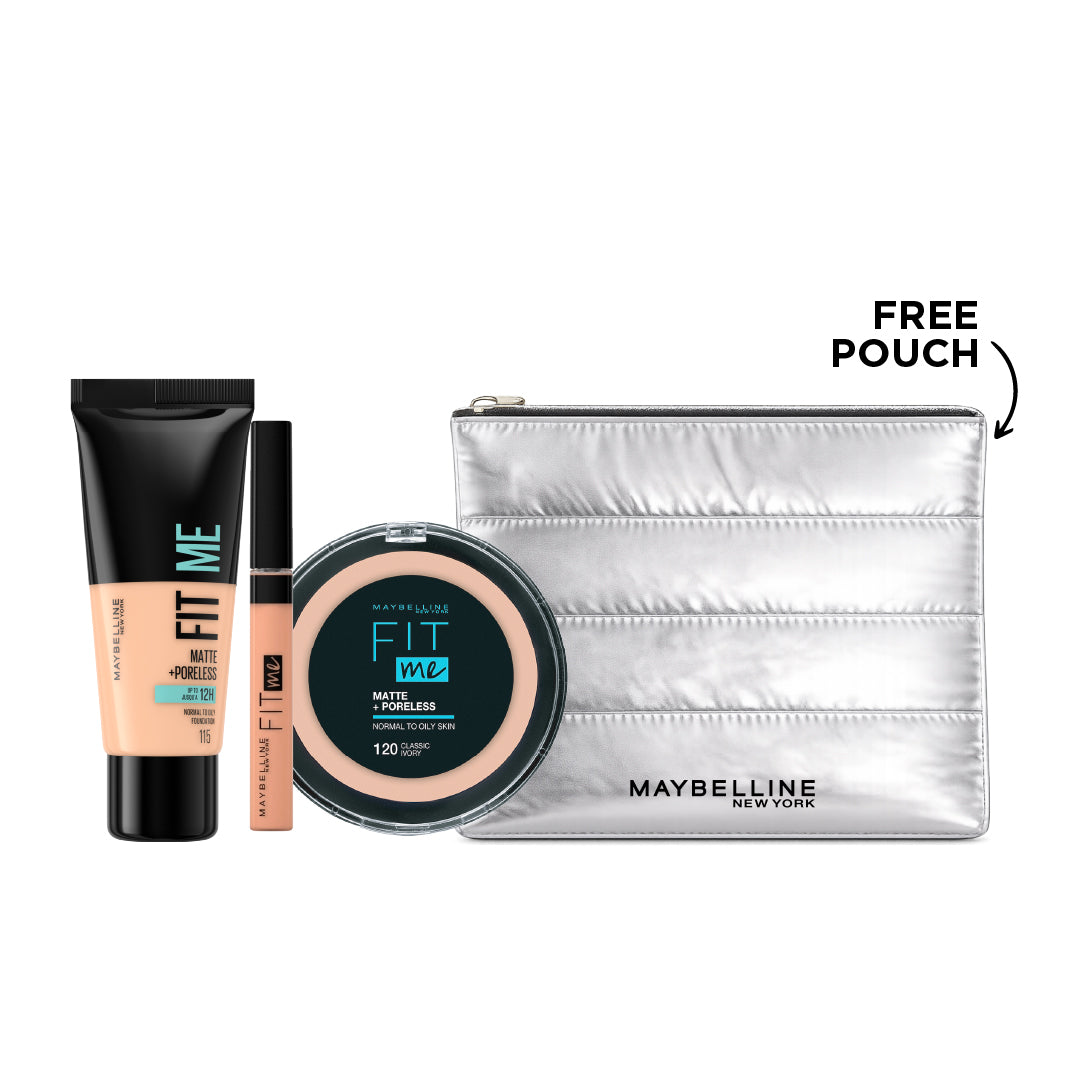 Maybelline Fit Me Foundation, Fit Me Compact Powder and Fit Me Concealer, Get 25% OFF and a Free Silver Pouch