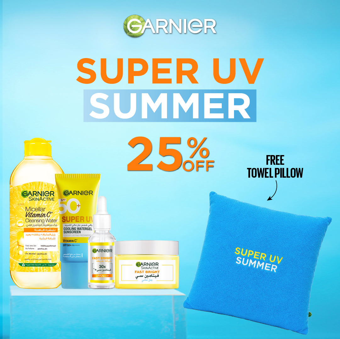 Garnier Micellar Cleansing Water Vitamin C 400ml + Face Bright Serum Vitamin C 30ml + Bright Aqua Gel Vitamin C 50ml + Super UV Cooling Gel 60ml + Get Free Towel Pillow